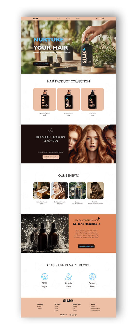 Website-Design für eine Luxus-Haarpflegemarke mit Produktübersichtsseite, modernem UI-Design und E-Commerce-Produktdarstellung